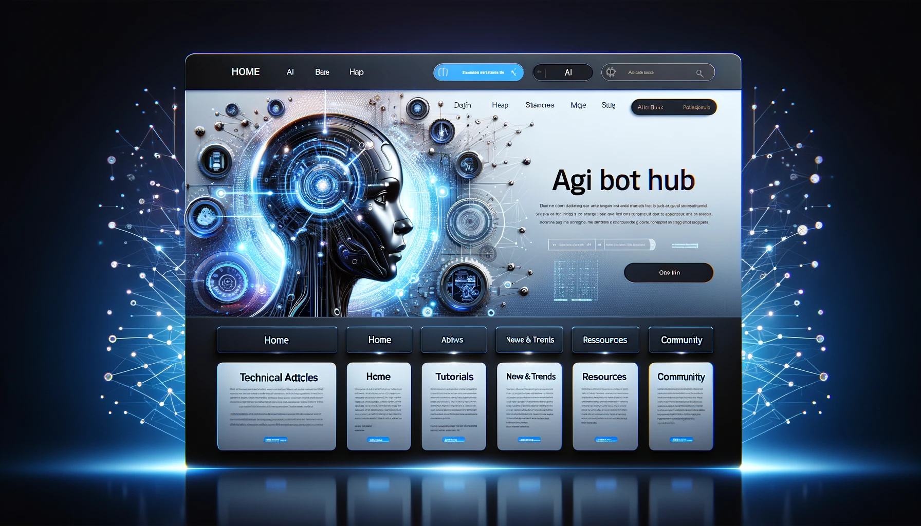 DALLE 2024 02 21 02.04.37 A sleek and modern website homepage design featuring a futuristic AI theme. The page includes a banner with the title Agi Bot Hub a navigation menu